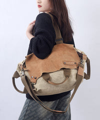 Retro Coffee Large Capacity Calf Leather Patchwork Canvas Satchel Bags