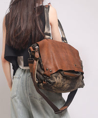 Retro Coffee Large Capacity Calf Leather Patchwork Canvas Satchel Bags