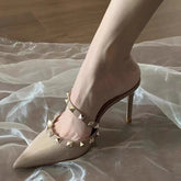 Rivet Pointed High-Heeled Slipper Shoes