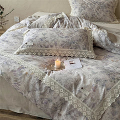 Natural Cotton Linen Butterfly Flowers Prints Lace Bedding Set