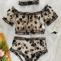 3-teiliges Dessous-Set mit kokettem Nachthemd und floralem Netzstoff