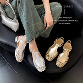 Square Head Cowhide Woven Hollow Out Comfortable and Breathable Low Heel