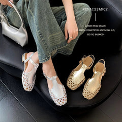 Square Head Cowhide Woven Hollow Out Comfortable and Breathable Low Heel