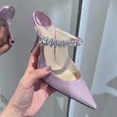Luxury Rhinestone Patent Leather Bao Head Half Slippers European High Heels