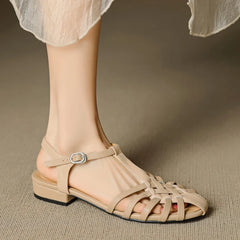 leather cowhide midsole hollow breathable elastic buckle retro toe Roman Shoes