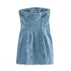 Bare-Shoulder Blue Denim Dress