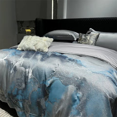1000TC Egyptian Cotton Blue Grey Abstract Marble Brocade Jacquard Luxury Bedding Set
