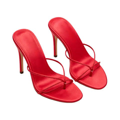Red Fine ribbon Pinch toe Slippers Round toe pull-on Super high Heel