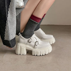 cowhide Platform Single shoe round toe Chunky Heel