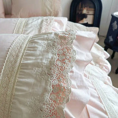 Pink Vintage Double Layer Lace Ruffles 100% Cotton Bedding Set
