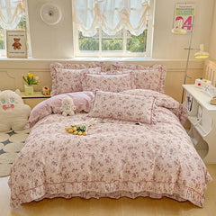 Korean Princess Style Rose Floral Ruffle Bedding Set