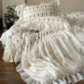 4Pcs Vintage French Pure Cotton Rose Print Pleated Lace Ruffles Bedding Set