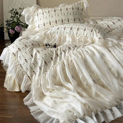 4Pcs Vintage French Pure Cotton Rose Print Pleated Lace Ruffles Bedding Set