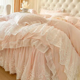 4/6Pcs Pink Princess Wedding Lace Embroidery Korean Style Bedding Set
