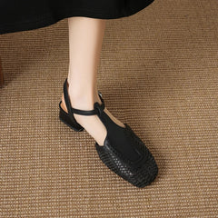 leather cowhide hollow weave low Heel