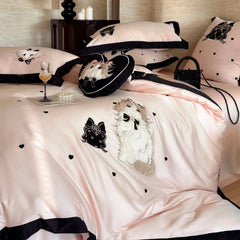 Pink Cute Cat Embroidery Black Wide Edge Luxury Bedding Set