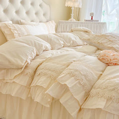 Vintage French Hollow Lace Ruffles 100% Cotton Princess Wedding Bedding Set