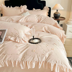 Chic Flowers Embroidery Ruffles Luxury Bedding Set