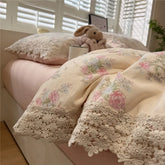 3/4Pcs Korean Princess Flower Print Lace Bedding Set