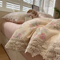 3/4Pcs Korean Princess Flower Print Lace Bedding Set