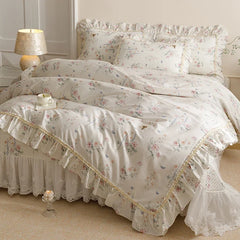 100% Cotton Korean Style Floral Lace Ruffles Princess Bedding Set