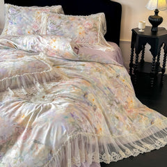 100% Cotton Lace Ruffle Bed Skirt Set Vintage Floral Print Bedding Set