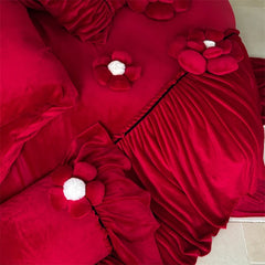 Three-dimensional Flowers Embroidery Ruffles Red Bedding Set