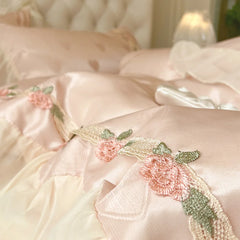 4Pcs Pure Cotton French Flowers Lace Ruffles Princess Wedding Bedding Set