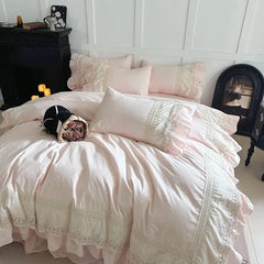 Pink Vintage Double Layer Lace Ruffles 100% Cotton Bedding Set