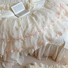 4Pcs Romantic Double Layer Lace Princess Wedding Bedding Set