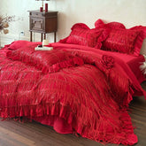 Red Tassel Design Lace Ruffles Princess Wedding Bedding Set