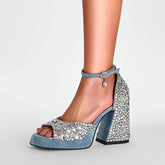 Open Toe Waterproof Platform Denim Water Diamond High Heel