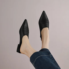 retro pleated cowhide pointed low Heel