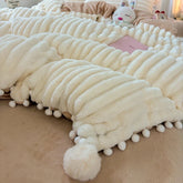 Striped Fluffy Milk Velvet Soft With Cute Pompoms Bedding Set