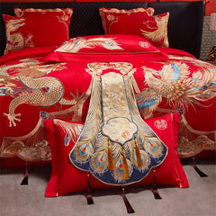 Luxury Gold Dragon Phoenix Embroidery Chinese Style Wedding Bedding Set