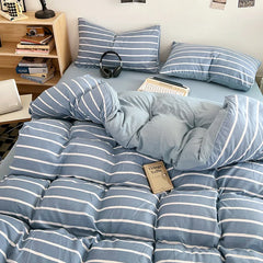 Japanese Style Bedding Sheet Set No Filler Striped Grid Minimalist Duvet Cover Pillowcase Double Queen Washed Cotton Bed Linens