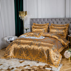 Luxury Euro Gold Satin Jacquard Lace Bedding Set