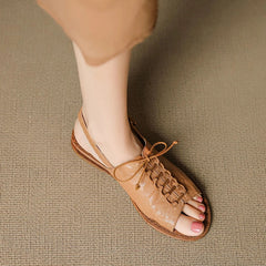 leather sheepskin elastic lace up low Heel