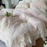 Pink Vintage French Lace Ruffles Carved Velvet Bedding Set