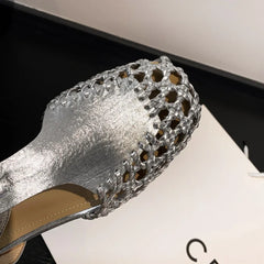 Square Head Cowhide Woven Hollow Out Comfortable and Breathable Low Heel