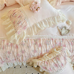 3/4Pcs Princess Style Pink Floral Print Lace Ruffle Boiled Cotton Bed Set Queen Size Double Bed Linen Full-Size For Room