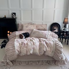 Flowers Prints Pleated Ruffles Princess Bedding Set
