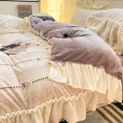 Princess Style Winter Velvet Duvet Cover Set with Bedsheet Pillowcase Soft Bedding Set