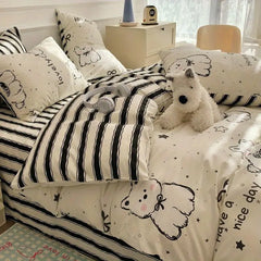 White Black Duvet Cover Set in Single Queen Size Flat Sheet Pillowcase Home Hotel Decor Girls Boys Spring Fall Bedding Set