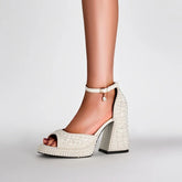 European and American Nightclub Princess Flower Buckle Pearl Thick Bottom Fish Mouth Open Toe Large Heel