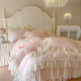 100% Cotton French Princess Bedding Set, Ruffle Bed Skirt Duvet Cover Set with Faux Pearl Lace Trim, Queen King Size Bed Linen