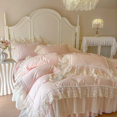 100% Cotton French Princess Bedding Set, Ruffle Bed Skirt Duvet Cover Set with Faux Pearl Lace Trim, Queen King Size Bed Linen