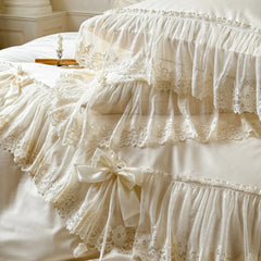 100% Cotton Vintage French Lace Ruffles Bow Princess Wedding Bedding Set