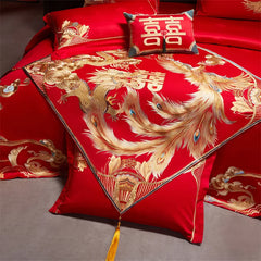Chinese Style Wedding Dragon Phoenix Embroidery Egyptian Cotton Bedding Set