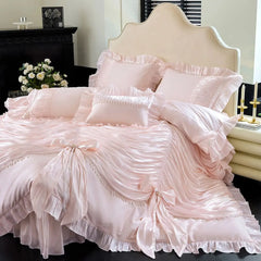 1000TC Egyptian Cotton Vintage French Palace Style Pleated Lace Ruffles Bow Bedding Set